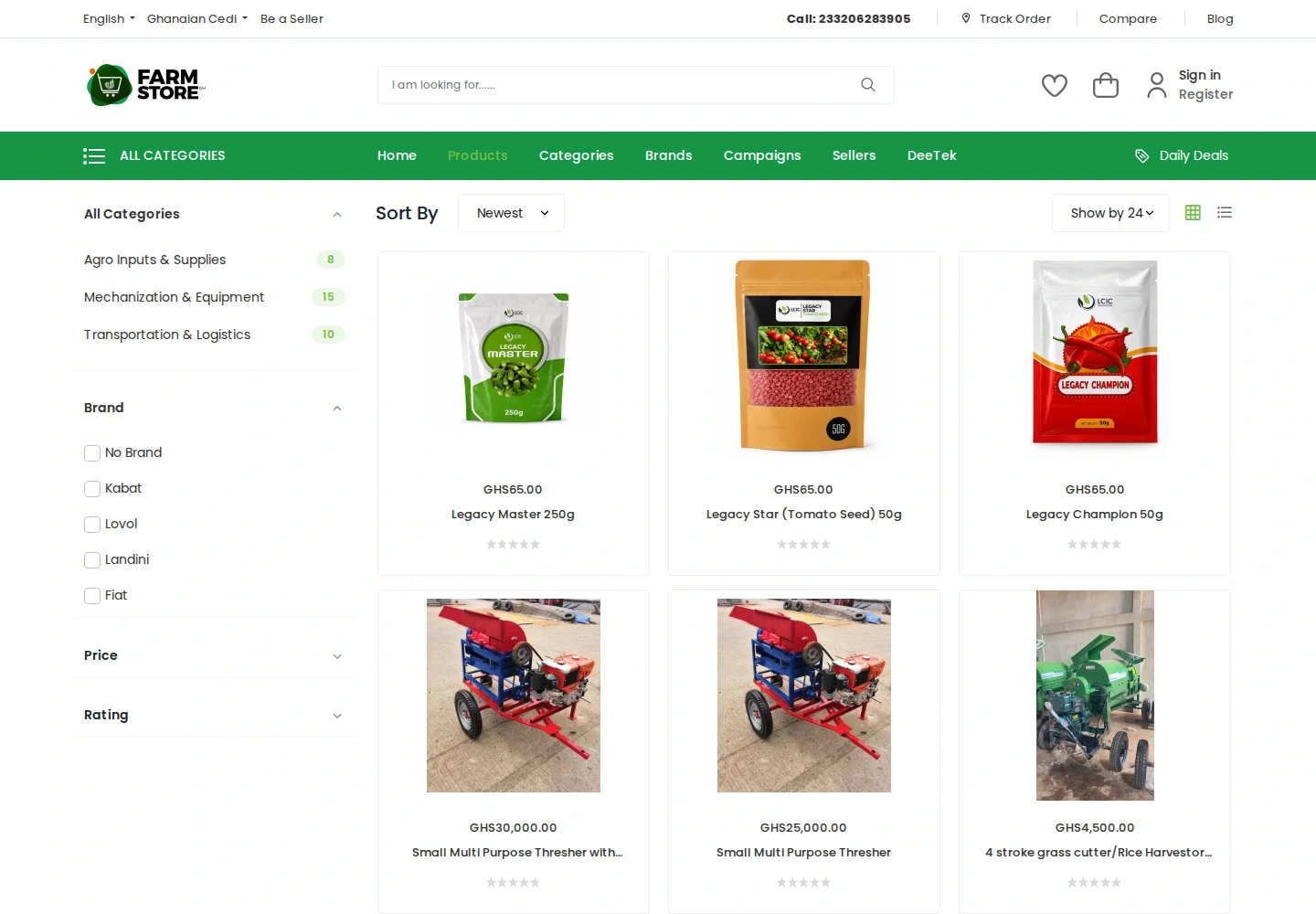 Farm Store GH website showing product catalog and category filters